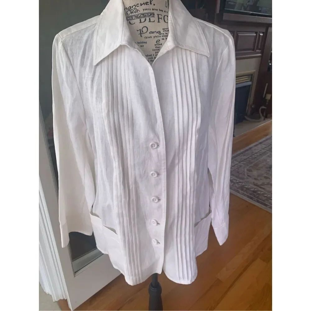 Kim Rogers 100% Linen White Pintuck 3/4 Sleeve Shirt Blouse Womens L Pockets